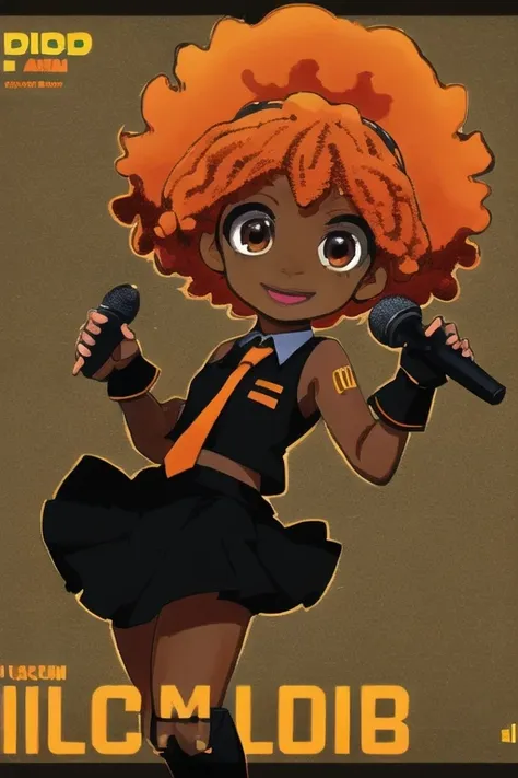 dark-skinned_female, lips, music_note, vocaloid, microphone, promotional_art, text, black_skirt, thighhight_boots, afro_updo, orange_hair, black_shirt, singing, orange_necktie, fingerless_gloves, (chibi:.5)