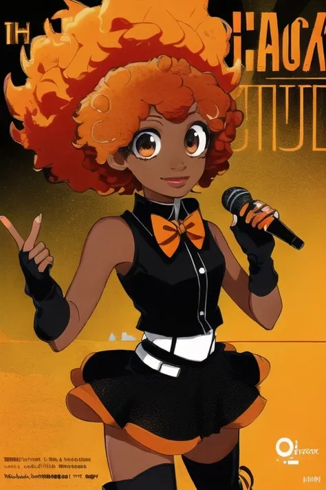 dark-skinned_female, lips, orange_lipstic, music_note, vocaloid, microphone, promotional_art, text, black_skirt, thighhight_boots, afro_updo, orange_hair, black_shirt, singing, orange_bowtie, fingerless_gloves, (chibi:.5), jazz, funk