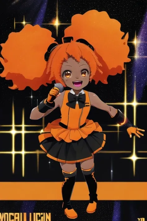 dark-skinned_female, orange_lips, music_note, (vocaloid:1.2), microphone, promotional_art, text, black_skirt, thighhight_boots, afro_twintails, orange_hair, black_shirt, singing, orange_bowtie, fingerless_gloves, (chibi:.5), (city:.5), sparkles, orange_trim, open_mouth