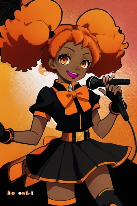 dark-skinned_female, lips, orange_lipstick, music_note, vocaloid, microphone, promotional_art, text, black_skirt, thighhight_boots, afro_twintails, orange_hair, black_shirt, singing, orange_bowtie, fingerless_gloves, (chibi:.5), jazz, funk, orange_trim, open_mouth