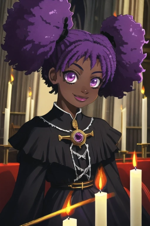 dark-skinned_female, goth, gown, afro_twintails, purple_hair, cathedral, interior, candles, magic, casting_spell, dutch_angle, lips, fire, flames