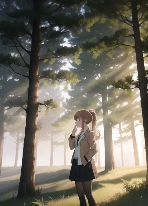 masterpiece, best quality, anime,  This anime screencap is from Danganronpa the Animation. , <lora:Chisa_Yukizome_SDXL:1>, ((light brown hair)), Chisa Yukizome wearing her uniform from Danganronpa 3 future arc. Chisa has green eyes and light brown hair in a ponytail with a pink scrunchie.  She wears a long white coat with a Future Foundation logo pin on its lapel, a light pink dress shirt with an open collar, a black vest, and a black skirt. Chisa Yukizome is within A misty forest clearing at dawn or dusk. Silhouettes of tall evergreen trees frame the image, creating a dark border. The sky is pale with wispy clouds, transitioning from light blue to golden near the horizon. A low fog blankets the grassy field in the foreground, obscuring details. The sun, just peeking through the trees, casts a warm glow and long shadows. A single curved branch arches into the frame from the top right. The atmosphere is eerily calm and mysterious, with the interplay of light and shadow creating a dramatic mood. The scene suggests early spring or late autumn, with bare branches visible among the evergreens. The composition draws the eye from the shadowy foreground through the misty middle ground to the illuminated treeline and sky beyond. Chisa Yukizome interacts with the environment.