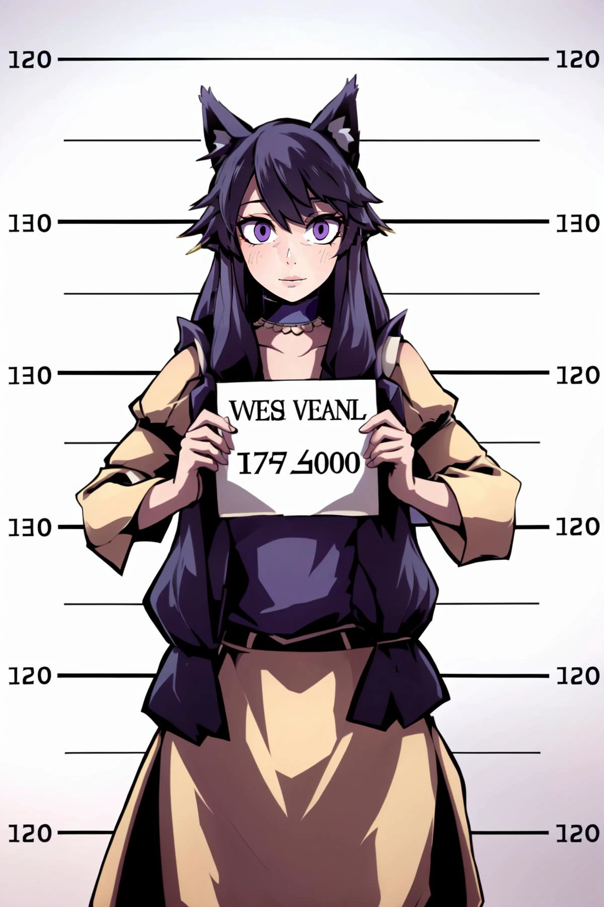 (masterpiece, best quality), intricate details,
1girl, <lora:Dominika:0.8> fox ears, purple eyes, cat eyes,
<lora:mugshotLora_mugshot:0.45> mugshot, height chart, holding sign