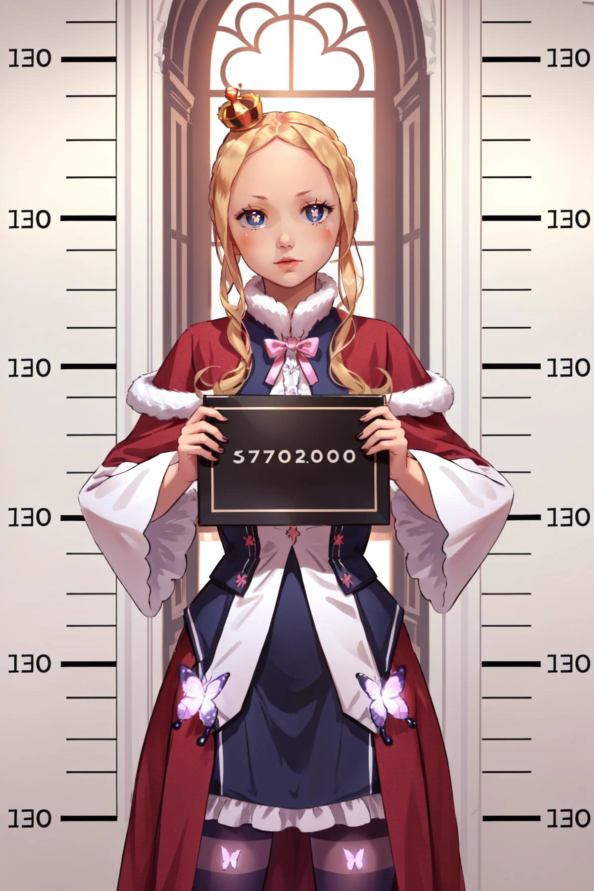 (masterpiece, best quality), intricate details,
1girl, <lora:beatrice-lora-nochekaiser:0.8> beatrice, blonde hair, blue eyes, (butterfly-shaped pupils:1.5), drill hair, long hair, parted bangs, (forehead:1.5), symbol-shaped pupils, twin drills, sidelocks,, bow, capelet, crown, dress, frilled bow, frills, fur trim, fur-trimmed capelet, long dress, long sleeves, mini crown, pantyhose, red capelet, sleeves past wrists, striped, striped pantyhose,,
<lora:beatriceBeakoPupils_beakoPupils:0.8> beako-pupils, mugshot, <lora:mugshotLora_mugshot:0.45> mugshot, height chart, holding sign