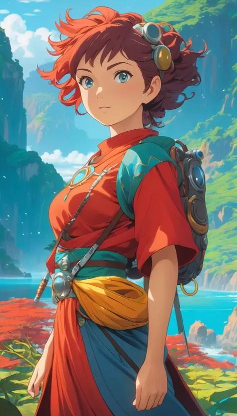 Colorful stunning female adventurer in exotic outfit, adventure, fantasy, science fiction, sci-fi, extremely beautiful piercing eyes, cinematic scene, hero view, action pose, scenery, detailed background, masterpiece, best quality, high quality, intricate, absurdres, very detailed, extremely high resolution, 8k, vivid, colorful, Studio Ghibli, ponyo <lora:studio_ghibli_xl_v1:1>