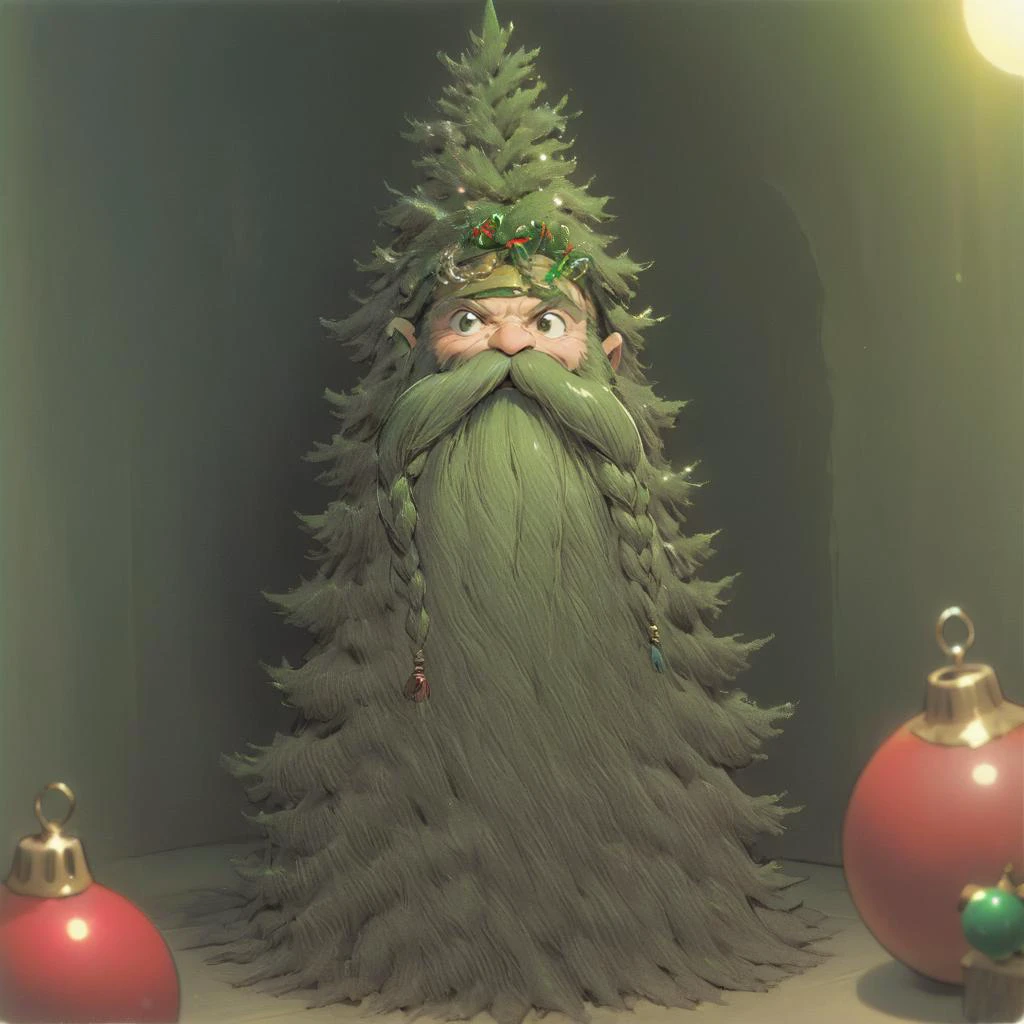<lora:studio_ghibli_xl_v1:0.8> Studio Ghibli, Harry_Dwarf as a Pine Tree, planted in a sideways flower pot, looking at viewer, flowing long green beard,pine needles, roots, tree beard, wrapped in tinsel, decorated beard, braided moustache, tinsel bangles,pointy ears, <lora:Harry_Dwarf_1.5:1>, back lighting, beautiful lighting, living room, baubles, santa hat, Christmas decorations, christmas day, chimney, stockings