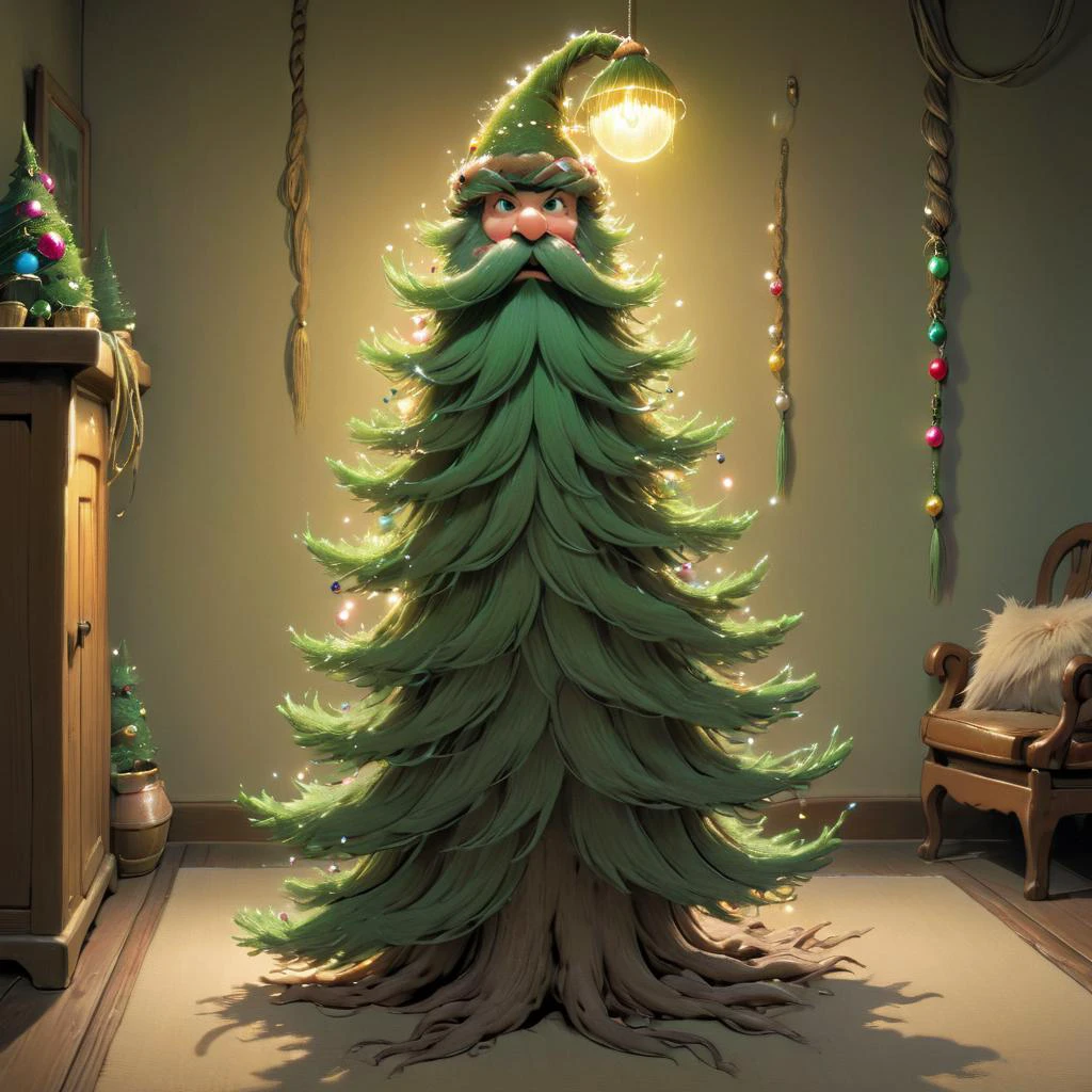 <lora:studio_ghibli_xl_v1:0.8> Studio Ghibli, Harry_Dwarf as a Pine Tree, planted in a sideways flower pot, looking at viewer, flowing long green beard,pine needles, roots, tree beard, wrapped in tinsel, decorated beard, braided moustache, tinsel bangles,pointy ears, <lora:Harry_Dwarf_1.5:1>, back lighting, beautiful lighting, living room, baubles, santa hat
