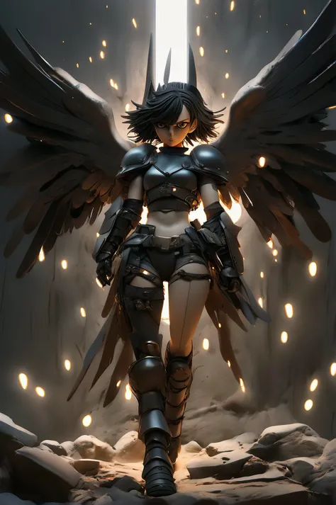 dynamic pose, fallen angel in a dark dystopic dessert, looks angry, black leather bikini armor, small lights in background, centered, (full body:1.5), (high detailed skin:1.2), highly detailed, vibrant colors, intricate, ultra hd, sharp focus, anime, (drawing by studio ghibli:1.5), (studio ghibli style:1.5) <lora:studio_ghibli_xl_v2:1.5> <lora:add-detail-xl:0.8> <lora:DetailedEyes_xl_V2:0.8>