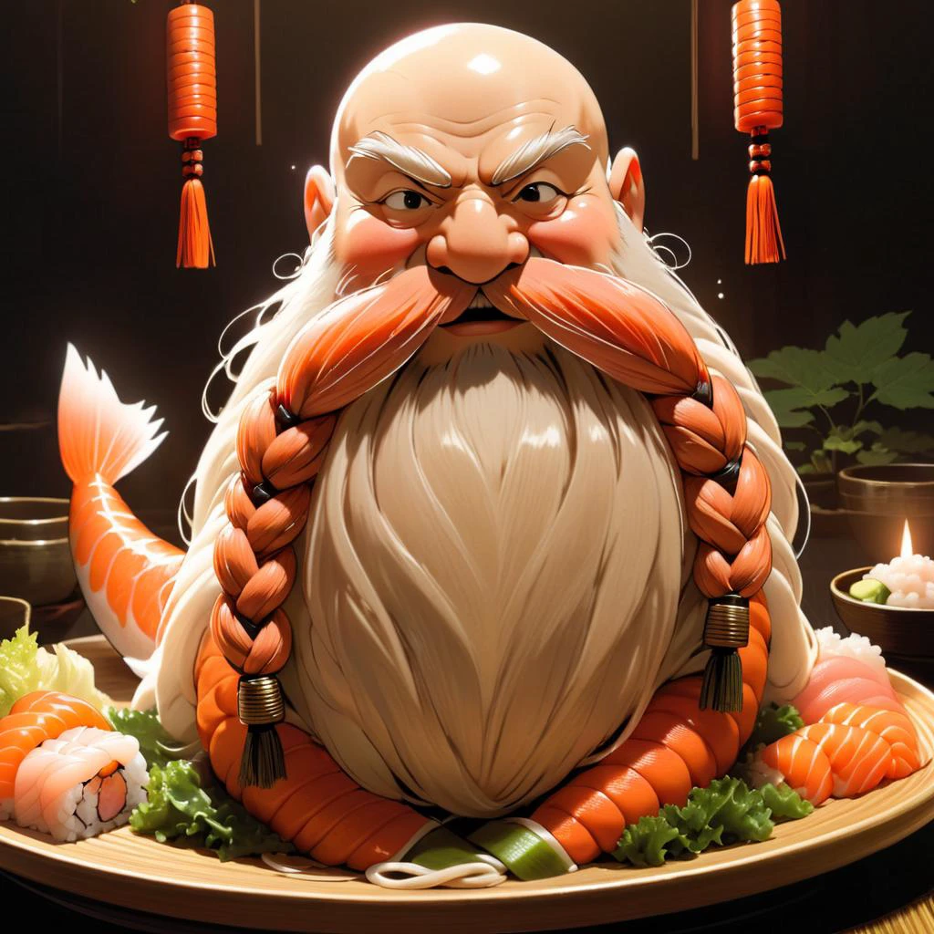 <lora:studio_ghibli_xl_v1:1.5> Studio Ghibli, spirited away, cartoon style, magical, Harry_Dwarf made of vegetables, dwarf-like, flowing long salmon beard, braided moustache,bald, bangles, <lora:Harry_Dwarf_1.5:0.7>, back lighting, beautiful lighting, on a piece of sushi rice, sushi, sashimi, japanese restaurant, chop sticks