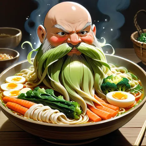 <lora:studio_ghibli_xl_v1:1.5> Studio Ghibli, spirited away, cartoon style, magical, Harry_Dwarf made of vegetables,  dwarf-like, flowing long bokchoy beard, braided carrot moustache,bald, bangles, <lora:Harry_Dwarf_1.5:0.7>, back lighting, beautiful lighting, in a bowl of vegetable ramen, clear broth, clear water, ramen, swimming in soup, wooden bowl, on top of a table, floating carrots and cabbage,  egg halves, split egg, hard boiled egg