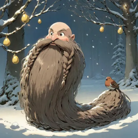 <lora:studio_ghibli_xl_v1:0.8> Studio Ghibli, Harry_Dwarf as a Tree, looking at viewer, flowing long beard,pine needles, roots, tree beard,braided moustache, bangles, <lora:Harry_Dwarf_1.5:1>, bald, back lighting, beautiful lighting, (partridge in a pear tree):1.5, snowy scene, nest, eggs, (partridge bird):1.9, tinsel, christmas lights