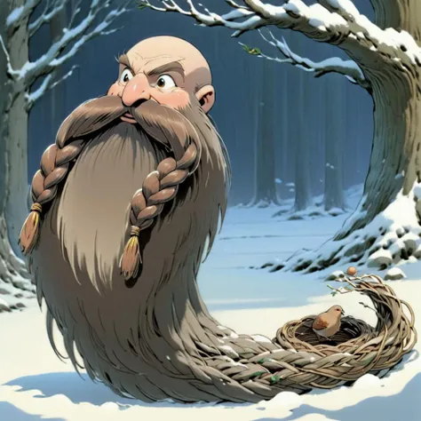 <lora:studio_ghibli_xl_v1:0.8> Studio Ghibli, Harry_Dwarf as a Tree, looking at viewer, flowing long beard,pine needles, roots, tree beard,braided moustache, bangles, <lora:Harry_Dwarf_1.5:1>, bald, back lighting, beautiful lighting, (partridge in a pear tree):1.5, snowy scene, nest, eggs, (partridge bird):1.9