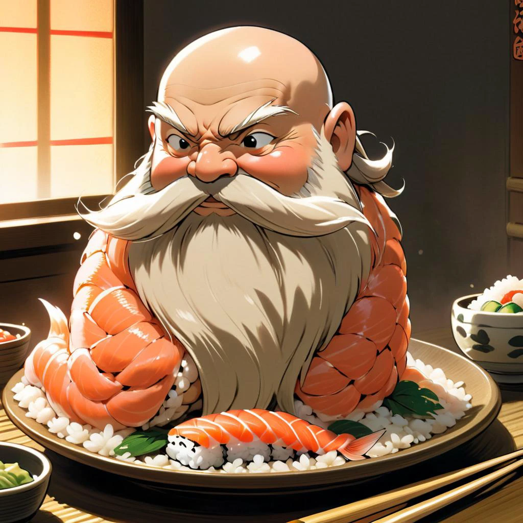 <lora:studio_ghibli_xl_v1:1.3> Studio Ghibli, spirited away, cartoon style, magical, Harry_Dwarf is a sushi roll, dwarf-like, flowing long rice beard, salmon on head, California roll, braided moustache,bald, bangles, <lora:Harry_Dwarf_1.5:0.7>, back lighting, beautiful lighting,served on rice, on a piece of rice, sushi, sashimi, japanese restaurant, chop sticks
