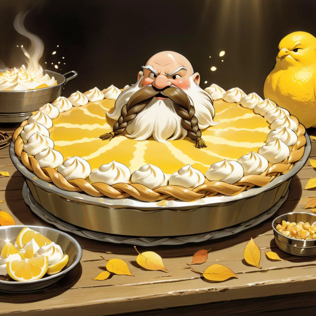 <lora:studio_ghibli_xl_v1:1.5> Studio Ghibli, spirited away, cartoon style, magical, Harry_Dwarf baked into a pie, dwarf-like, flowing long lemon beard, braided moustache,bald, bangles, <lora:Harry_Dwarf_1.5:0.9>, back lighting, beautiful lighting, baked into a pie, lemon meringue pie, pie tin, on top of a table, autumn, slice of pie, delicious,