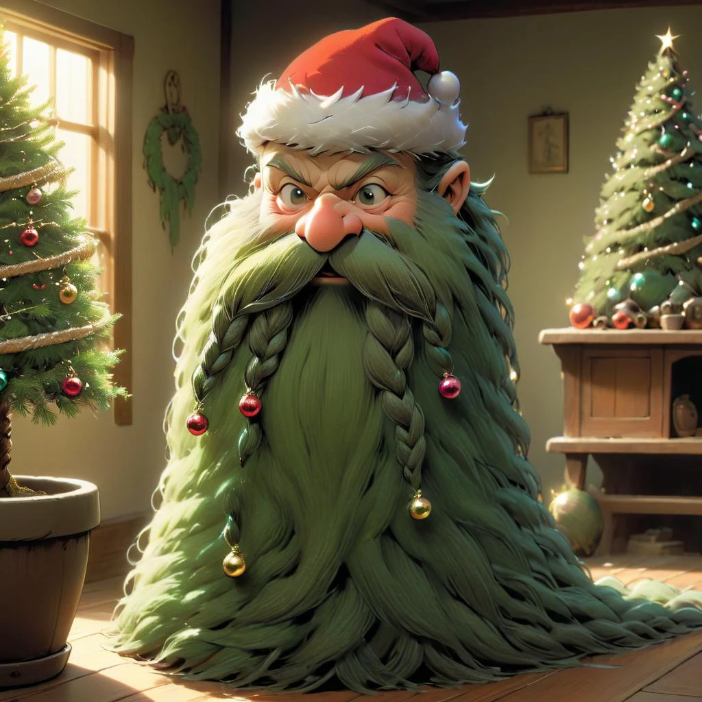 <lora:studio_ghibli_xl_v1:0.8> Studio Ghibli, Harry_Dwarf as a Pine Tree, planted in a sideways flower pot, looking at viewer, flowing long green beard,pine needles, roots, tree beard, wrapped in tinsel, decorated beard, braided moustache, tinsel bangles,pointy ears, <lora:Harry_Dwarf_1.5:1>, back lighting, beautiful lighting, living room, baubles, santa hat