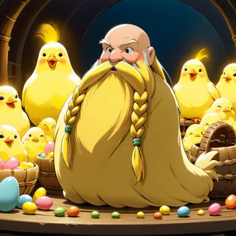 <lora:studio_ghibli_xl_v1:1.5> Studio Ghibli, spirited away, cartoon style, magical, Harry_Dwarf as a Peeps, flowing long yellow beard, braided moustache,bald, bangles, <lora:Harry_Dwarf_1.5:0.8>, back lighting, beautiful lighting, easter, peeps, chicken peeps, marshmallow, candy coated, easter candy