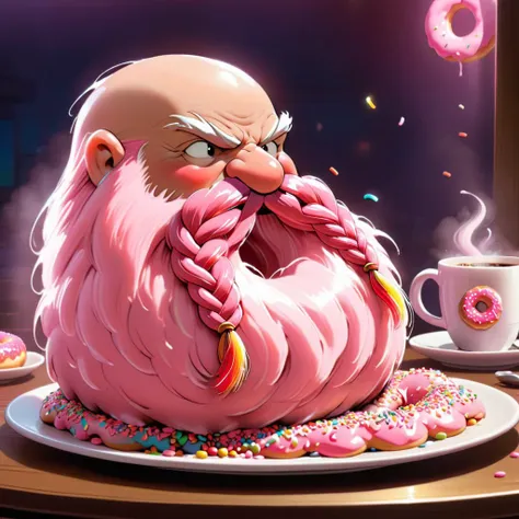 <lora:studio_ghibli_xl_v1:1.5> Studio Ghibli, spirited away, cartoon style, magical, Harry_Dwarf, as a donut, flowing long pink beard, braided moustache,bald, bangles, <lora:Harry_Dwarf_1.5:1>, back lighting, beautiful lighting, (rainbow sprinkles),covered in pink frosting, donut, donut shape,laying on a plate, big cup of coffee, coffee shop, piece cut out of donut, fork and knife, eaten donut, (bite mark:1.5)