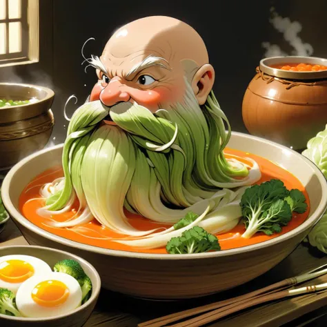 <lora:studio_ghibli_xl_v1:1.5> Studio Ghibli, spirited away, cartoon style, magical, Harry_Dwarf made of vegetables,  dwarf-like, flowing long cabbage beard, braided carrot moustache,bald, bangles, <lora:Harry_Dwarf_1.5:0.7>, back lighting, beautiful lighting, in a bowl of vegetable soup, clear broth, clear water, clear soup, swimming in soup, wooden bowl, on top of a table, floating carrots and cabbage,  egg halves, split egg, hard boiled egg