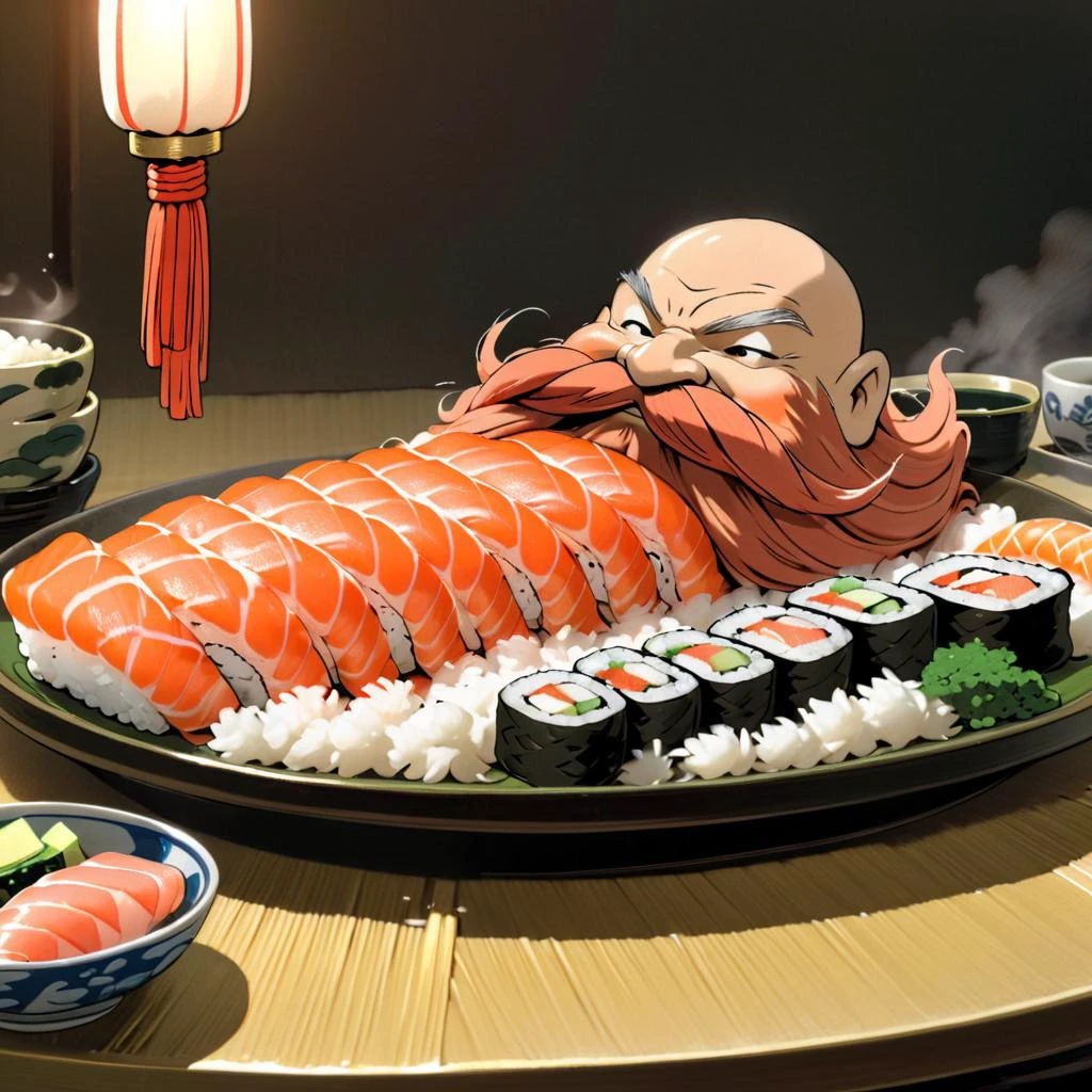 <lora:studio_ghibli_xl_v1:1.5> Studio Ghibli, spirited away, cartoon style, magical, Harry_Dwarf, laying on a bed of rice, flowing long coral beard, piece of salmon on head, braided moustache,bald, bangles, <lora:Harry_Dwarf_1.5:0.9>, back lighting, beautiful lighting, sushi roll, rolled up sushi, wrapped in seaweed, cut up sushi, sashimi, served on a plate, chop sticks