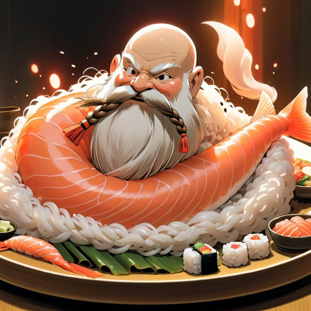 <lora:studio_ghibli_xl_v1:1.3> Studio Ghibli, spirited away, cartoon style, magical, Harry_Dwarf is sashimi,laying on a bed of rice, flowing long white beard, piece of salmon on head, braided moustache,bald, bangles, <lora:Harry_Dwarf_1.5:0.8>, back lighting, beautiful lighting, sushi, sashimi, served on a plate, chop sticks
