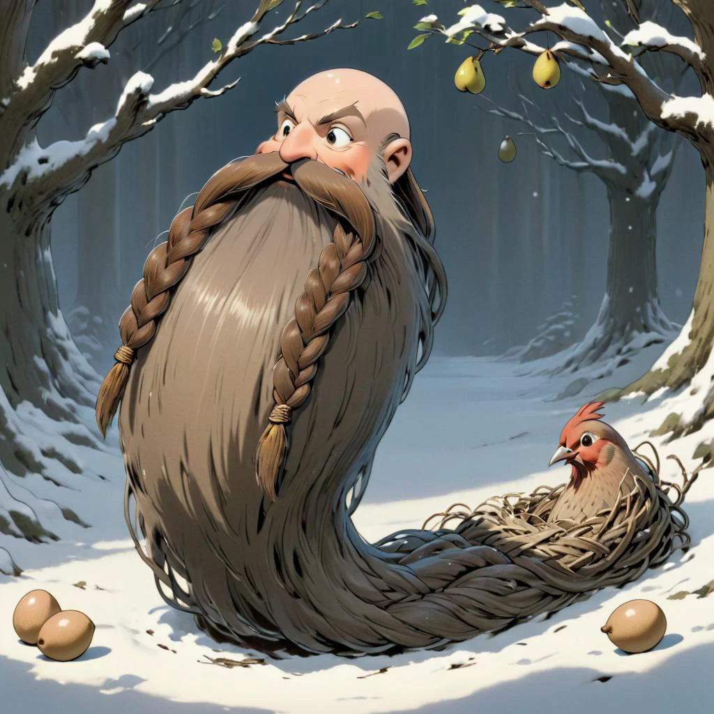 <lora:studio_ghibli_xl_v1:0.8> Studio Ghibli, Harry_Dwarf as a Tree, looking at viewer, flowing long beard,pine needles, roots, tree beard,braided moustache, bangles, <lora:Harry_Dwarf_1.5:1>, bald, back lighting, beautiful lighting, (partridge in a pear tree):1.5, snowy scene, nest, eggs, (partridge bird):1.2