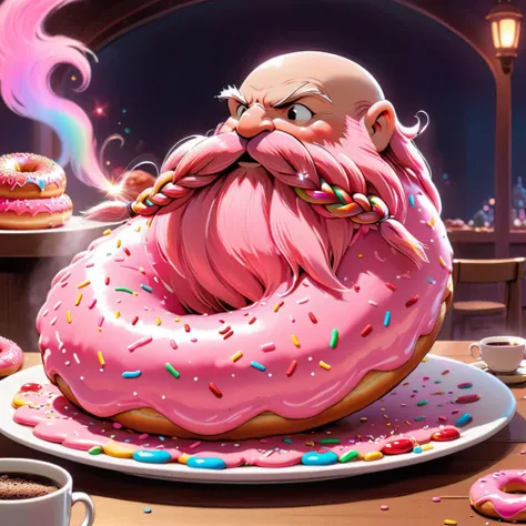 <lora:studio_ghibli_xl_v1:1.5> Studio Ghibli, spirited away, cartoon style, magical, Harry_Dwarf, as a donut, flowing long pink beard, braided moustache,bald, bangles, <lora:Harry_Dwarf_1.5:1>, back lighting, beautiful lighting, (rainbow sprinkles),covered in pink frosting, donut, donut shape,laying on a plate, big cup of coffee, coffee shop, piece cut out of donut, fork and knife, eaten donut, (bite mark:1.5)