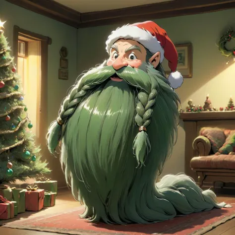 <lora:studio_ghibli_xl_v1:0.8> Studio Ghibli,  Harry_Dwarf as a Christmas Tree, small stature, smiling,  looking at viewer, flowing long green beard,pine needles, tree beard, wrapped in tinsel, decorated beard,  braided moustache, tinsel bangles,pointy ears, <lora:Harry_Dwarf_1.5:1>, back lighting, beautiful lighting, living room, Christmas day, , baubles, santa hat