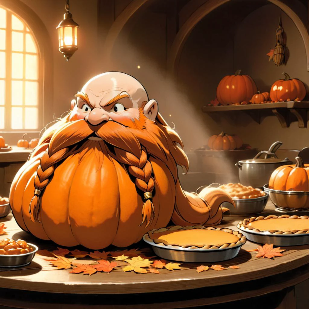 <lora:studio_ghibli_xl_v1:1.5> Studio Ghibli, spirited away, cartoon style, magical, Harry_Dwarf, dwarf-like, flowing long pumpkin beard, braided moustache,bald, bangles, <lora:Harry_Dwarf_1.5:0.9>, back lighting, beautiful lighting, baked into a pie, pumpkin pie, pie tin, on top of a table, autumn, slice of pie, delicious,
