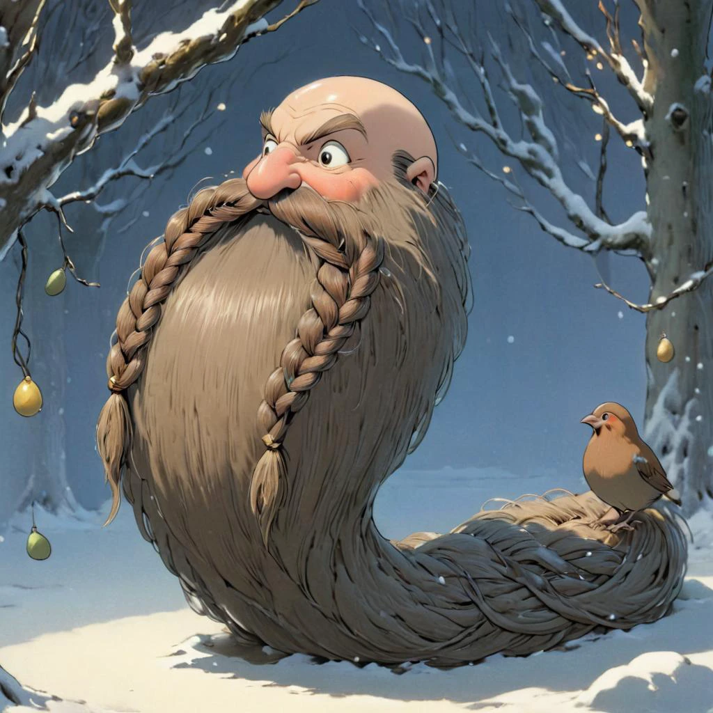 <lora:studio_ghibli_xl_v1:0.8> Studio Ghibli, Harry_Dwarf as a Tree, looking at viewer, flowing long beard,pine needles, roots, tree beard,braided moustache, bangles, <lora:Harry_Dwarf_1.5:1>, bald, back lighting, beautiful lighting, (partridge in a pear tree):1.5, snowy scene, nest, eggs, (partridge bird):1.9, tinsel, christmas lights