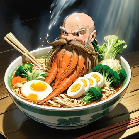 <lora:studio_ghibli_xl_v1:1.5> Studio Ghibli, spirited away, cartoon style, magical, Harry_Dwarf made of vegetables,  dwarf-like, flowing long bokchoy beard, braided carrot moustache,bald, bangles, <lora:Harry_Dwarf_1.5:0.7>, back lighting, beautiful lighting, in a bowl of vegetable ramen, clear broth, clear water, ramen, swimming in soup, wooden bowl, on top of a table, floating carrots and cabbage,  egg halves, split egg, hard boiled egg