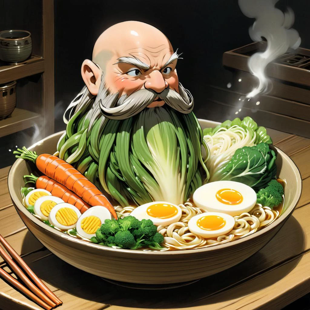 <lora:studio_ghibli_xl_v1:1.5> Studio Ghibli, spirited away, cartoon style, magical, Harry_Dwarf made of vegetables, dwarf-like, flowing long bokchoy beard, braided carrot moustache,bald, bangles, <lora:Harry_Dwarf_1.5:0.7>, back lighting, beautiful lighting, in a bowl of vegetable ramen, clear broth, clear water, ramen, swimming in soup, wooden bowl, on top of a table, floating carrots and cabbage, egg halves, split egg, hard boiled egg