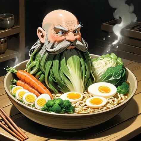 <lora:studio_ghibli_xl_v1:1.5> Studio Ghibli, spirited away, cartoon style, magical, Harry_Dwarf made of vegetables,  dwarf-like, flowing long bokchoy beard, braided carrot moustache,bald, bangles, <lora:Harry_Dwarf_1.5:0.7>, back lighting, beautiful lighting, in a bowl of vegetable ramen, clear broth, clear water, ramen, swimming in soup, wooden bowl, on top of a table, floating carrots and cabbage,  egg halves, split egg, hard boiled egg