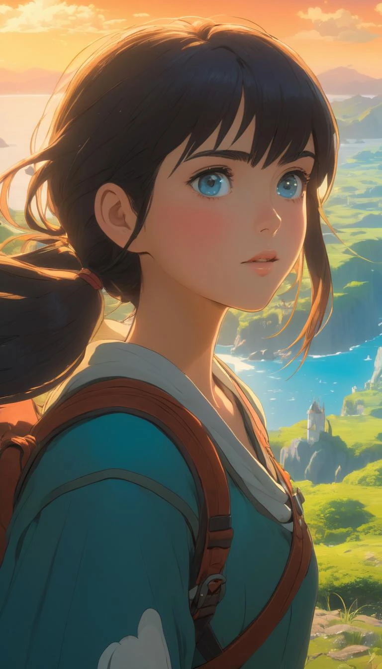 Female adventurer, fantasy world, cinematic scene, hero view, extremely beautiful piercing eyes, scenery, detailed background, masterpiece, best quality, high quality, highres, absurdres, very detailed, high resolution, sharp, sharp image, 8k, vivid, colorful, Studio Ghibli <lora:studio_ghibli_xl_v1:1>