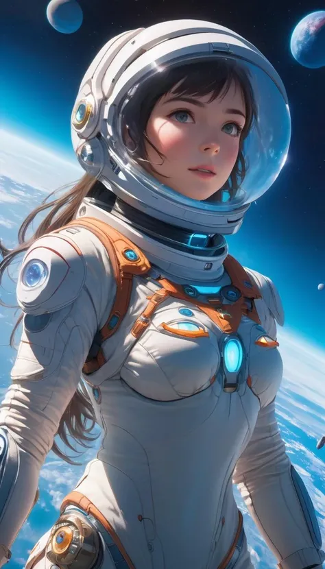 Stunning female in space suit, sci-fi, extremely beautiful piercing eyes, cinematic scene, hero view, action pose, scenery, detailed background, masterpiece, best quality, high quality, intricate, absurdres, very detailed, extremely high resolution, 8k, vivid, colorful, Studio Ghibli <lora:studio_ghibli_xl_v1:1.5>