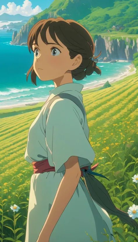 Stunning female, extremely beautiful piercing eyes, cinematic scene, hero view, action pose, scenery, detailed background, masterpiece, best quality, high quality, intricate, absurdres, very detailed, extremely high resolution, 8k, vivid, colorful, Studio Ghibli <lora:studio_ghibli_xl_v1:1>