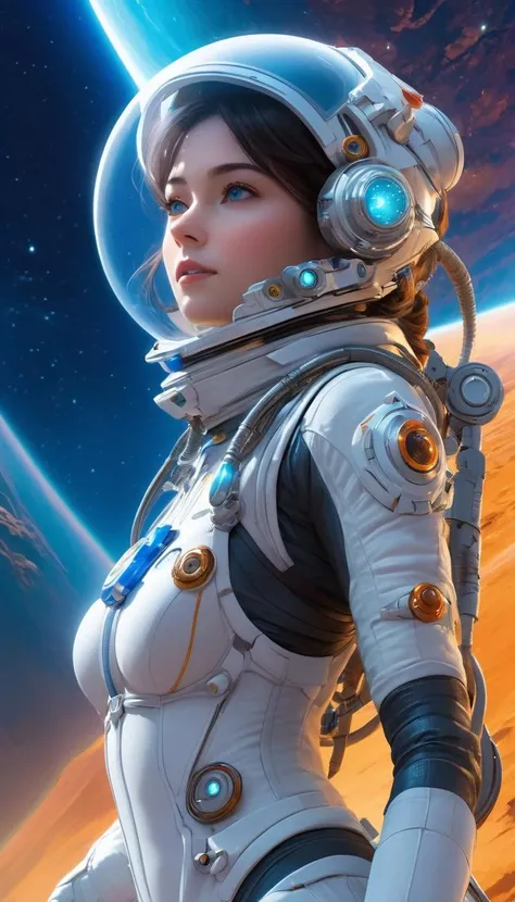 Female in space suit, sci-fi, cinematic scene, hero view, extremely beautiful piercing eyes, scenery, detailed background, masterpiece, best quality, high quality, highres, absurdres, very detailed, high resolution, sharp, sharp image, 8k, vivid, colorful, sillage comic <lora:sillage_xl_v1:1>