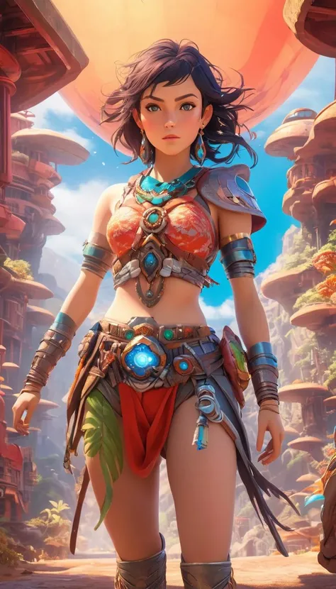 Colorful stunning female adventurer in exotic outfit, adventure, fantasy, sci-fi, extremely beautiful piercing eyes, cinematic scene, hero view, action pose, scenery, detailed background, masterpiece, best quality, high quality, intricate, absurdres, very detailed, extremely high resolution, 8k, vivid, colorful, Studio Ghibli <lora:studio_ghibli_xl_v2:1>