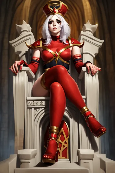 masterpiece, best quality, sally whitemane, 1girl, solo, nsfw, sitting on a throne, crossed legs, leotard, thighhighs, elbow gloves, runny makeup, pelvic curtain, stone throne, cathedral, heels