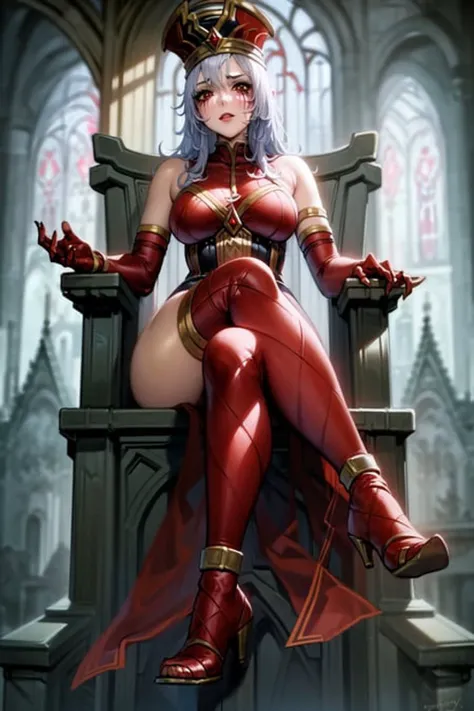 masterpiece, best quality, sally whitemane, 1girl, solo, nsfw, sitting on a throne,  crossed legs, leotard, thighhighs, elbow gloves, runny makeup, pelvic curtain, stone throne, cathedral,  heels