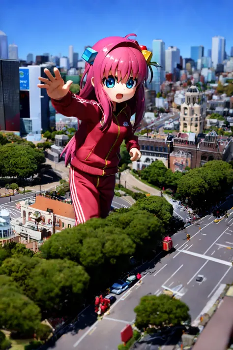 1girl, solo, tiltshift, city, pink hair, pink track suit, long hair, cube hair ornament, bocchi123,