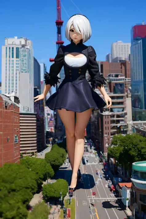 1girl, solo, tiltshift, city, long hair, skirt, giantess, depth of field, yorha no. 2 type b, white hair, short hair,