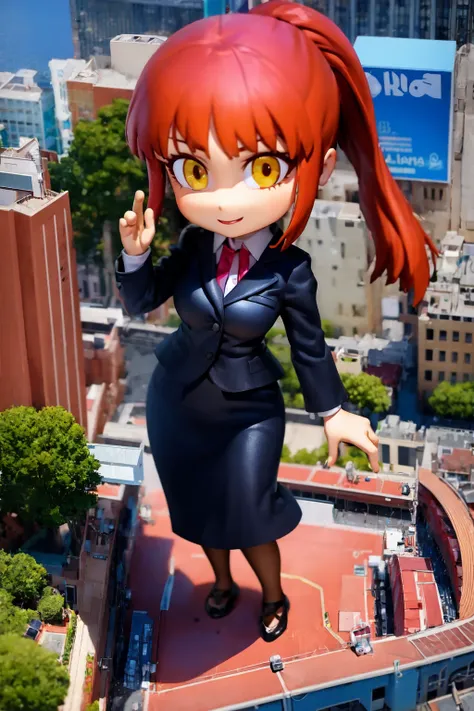 1girl, solo, tiltshift, city, office lady, red hair, ponytail, makima-embed, standing, full body, chibi,
