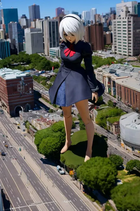 1girl, solo, tiltshift, city, long hair, skirt, giantess, depth of field, yorha no. 2 type b, white hair, short hair,