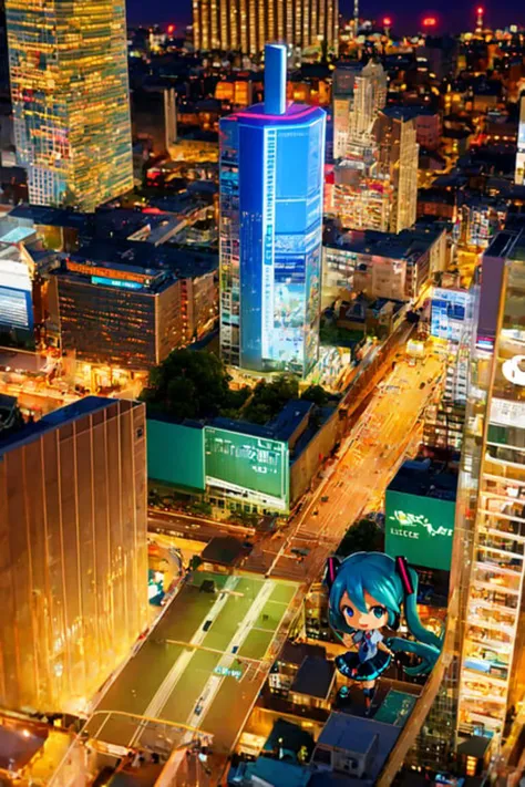1girl, solo, tiltshift, city, office lady, hatsune miku, chibi,