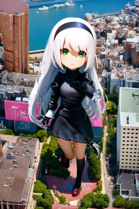 1girl, solo, tiltshift, city, long hair, skirt, giantess, depth of field, yorha no. 2 type b, white hair, short hair, chibi