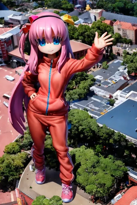 1girl, solo, tiltshift, city, pink hair, pink track suit, long hair, guitar, bocchi123,
