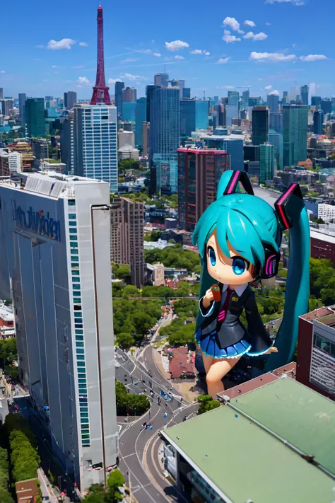1girl, solo, tiltshift, city, office lady, hatsune miku, chibi
