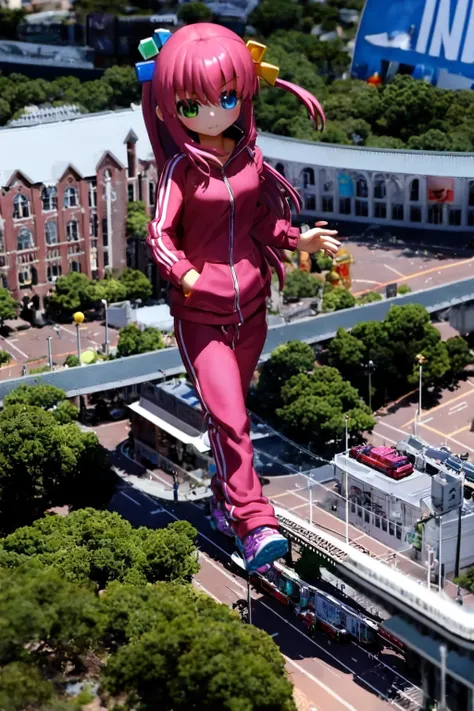 1girl, solo, tiltshift, city, pink hair, pink track suit, long hair, cube hair ornament, bocchi123,