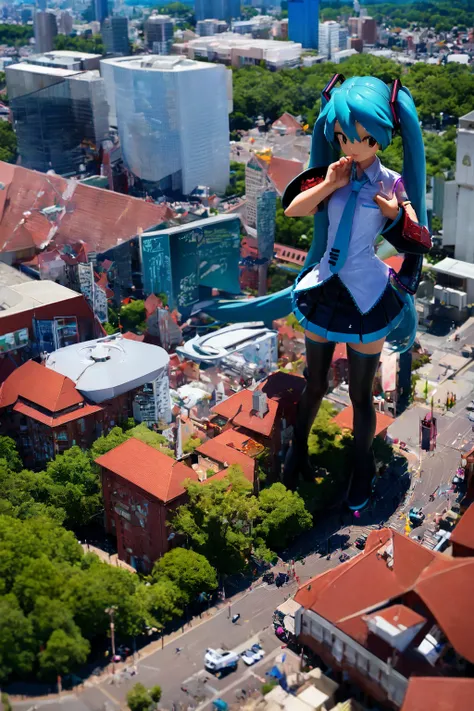 1girl, solo, tiltshift, city, long hair, skirt, giantess, depth of field, hatsune miku,