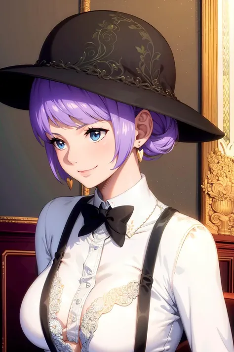masterpiece, ((ultra detailed background, delicate pattern, intricate detail)), (highly detailed, fine details), best quality, beautiful lighting, (((medium breasts, slim girl, very slim girl))), (portrait), Carina, 1girl, solo, purple hair, jewelry, earrings, short hair, smile, ((slim girl, medium breasts)), blue eyes, (black hat, white shirt, black pants, formal suit, suspenders), <lora:Carina:0.7>